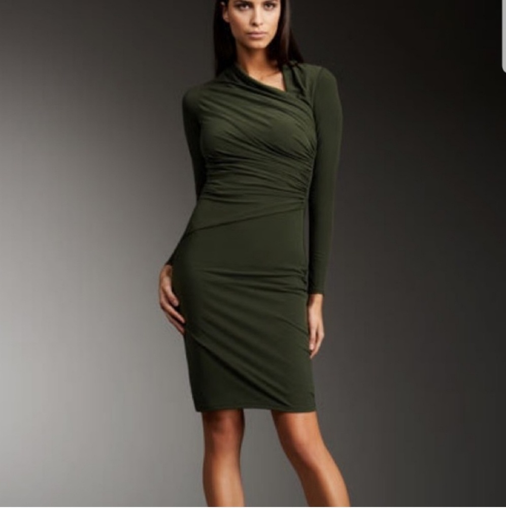 David Meister Green Ruched Long Sleeve Dress